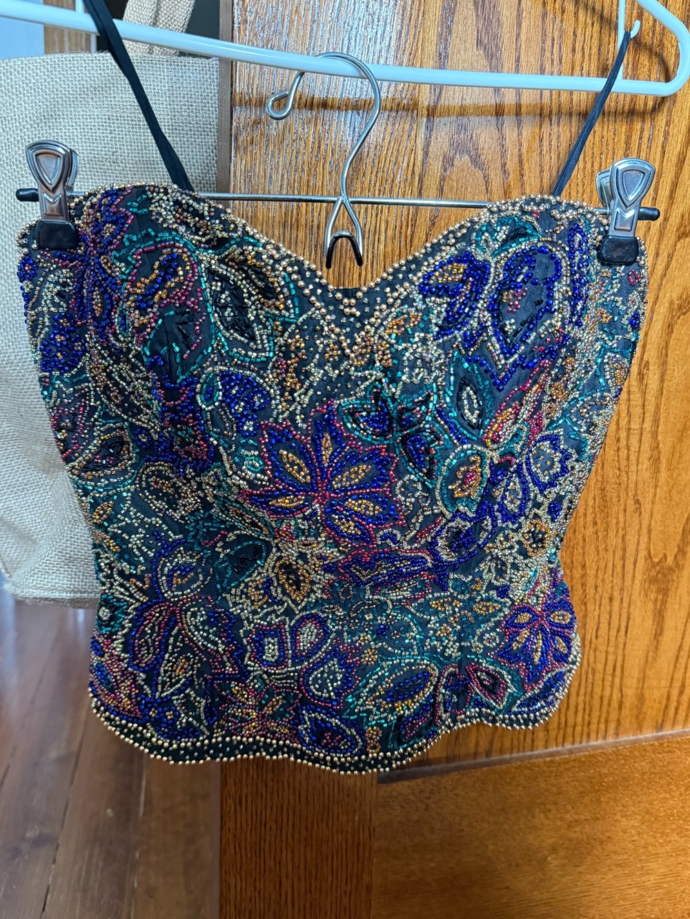 Vintage Oleg Cassini Black Tie Beaded Silk Corset Top